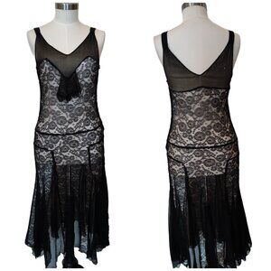 Vintage 1920s Black Sleeveless Dress w' Gored Bottom Panels XS to S
